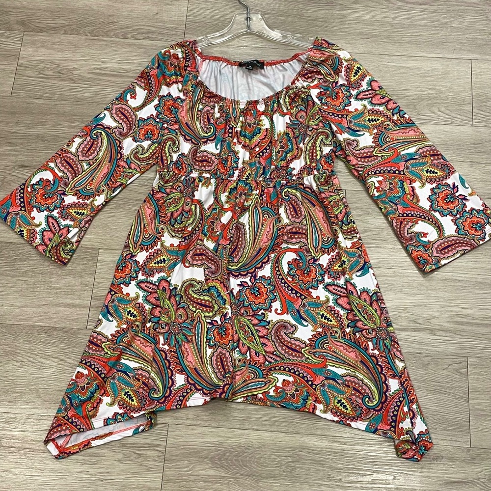 Womens Top Boho Tunic Paisley Hippie Babydoll Eclectic Asymmetrical Hem M